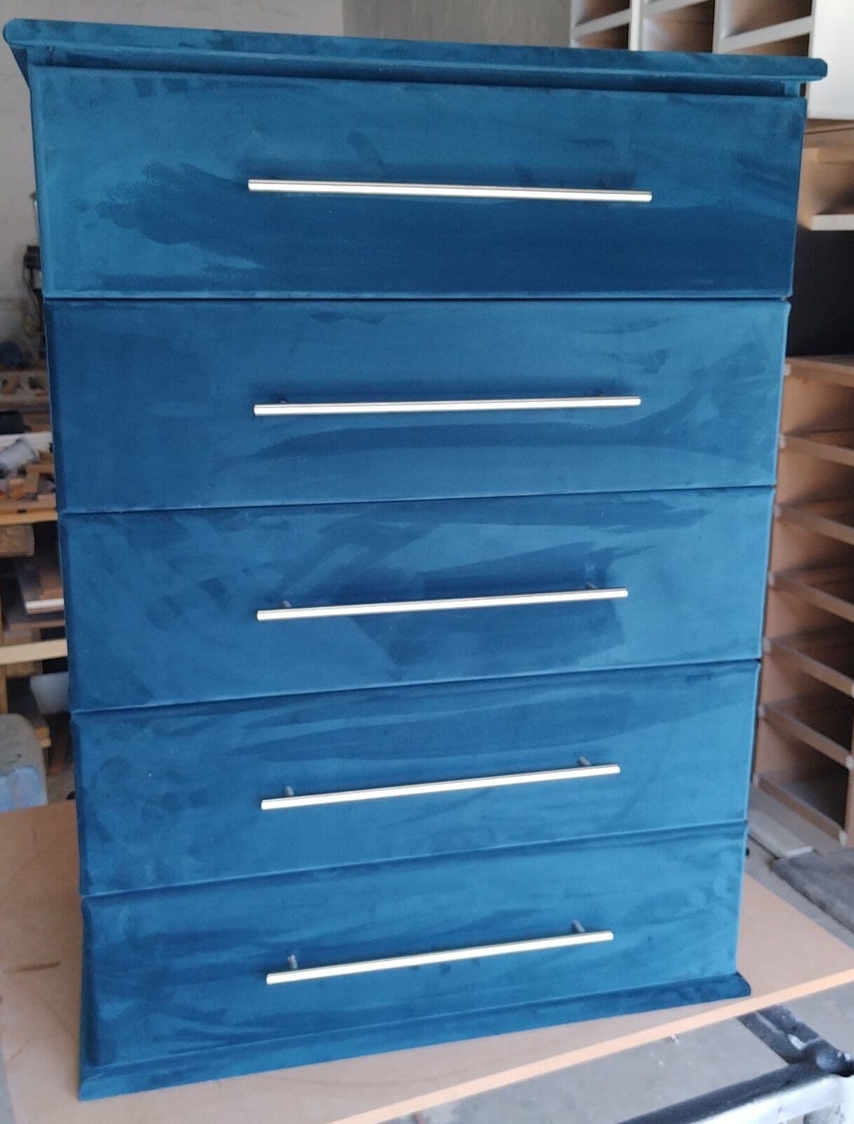 Custom blue velvet chest of drawers